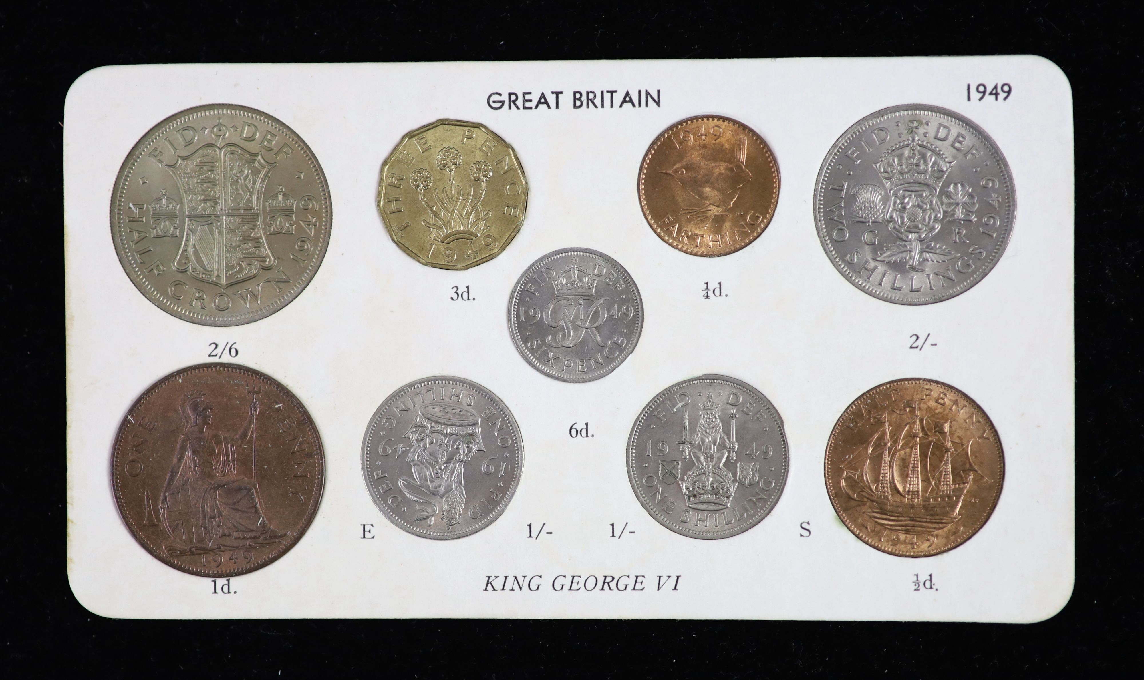 George VI nine coin specimen set for 1949, second issue, including the rare 1949 brass threepence (S4113), EF, rare in this grade or higher